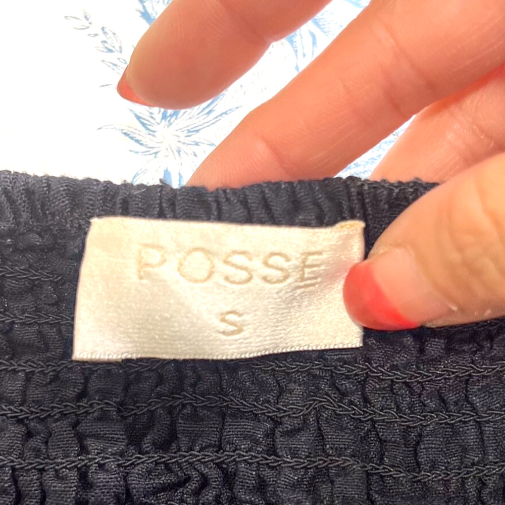 Posse Womens SMALL Black Linen Ivy Blouse Smocked Ruched Cropped Puff Sleeve - Picture 8 of 10